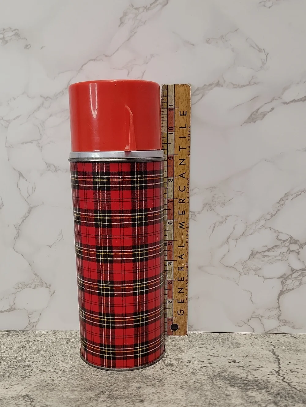 Vintage Aladdin Red Plaid Thermos Classic Full Size Retro Bottle
